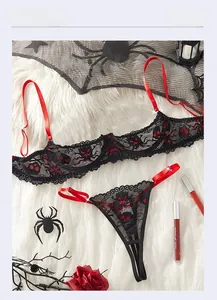 Vue détaillée de lingerie en dentelle Halloween avec broderies d'araignées et de crânes