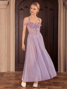 Detail of lavender lace nightgown featuring 3D floral embroidery and mesh texture
