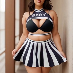 Ensemble Costume de Cheerleader Femme Sexy Avec Top Dos Nu et Mini Jupe Plissée à Rayures Tenue de Performance