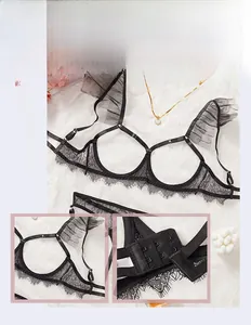 Détail d'un ensemble de lingerie en dentelle noire avec volants en résille et agrafage dos