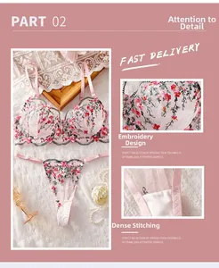 Détails de la broderie florale rose et des coutures précises sur cet ensemble de lingerie
