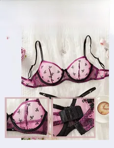 Detail of pink mesh lingerie set with black butterfly patterns and fine embroidery