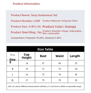 Size chart for orange mesh embroidery lingerie set with polyester and elastane details