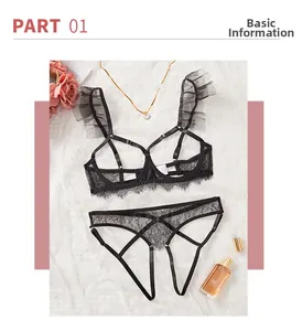 Détail d'un ensemble de lingerie en dentelle noire avec volants et maille fine