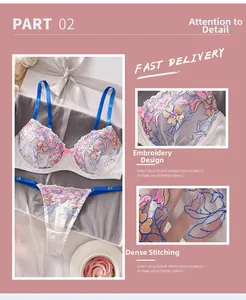 Détails de broderie florale sur ensemble lingerie en mesh blanc et bretelles bleues