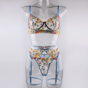 Detail of floral embroidery on sheer mesh lingerie set with high-waisted garter belt