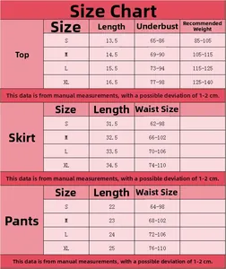 Tabella taglie dettagliata per set lingerie con paillettes con misure per top e gonne