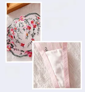 Détail de broderie florale rose sur tulle blanc montrant la couture et la texture premium