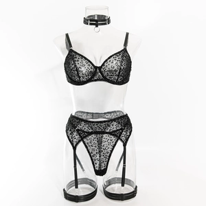 Detailed view of black leopard mesh bodysuit with underwire bra and garter straps set