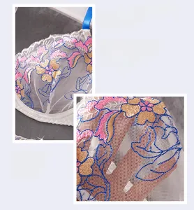 Détail de la broderie florale et du mesh transparent sur la lingerie en dentelle