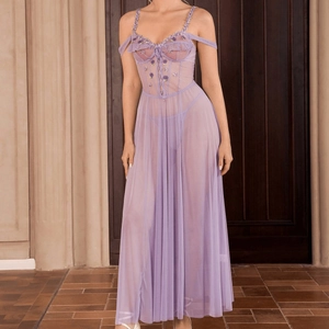Elegant purple sheer mesh nightgown with lace floral embroidery and floor-length tulle skirt