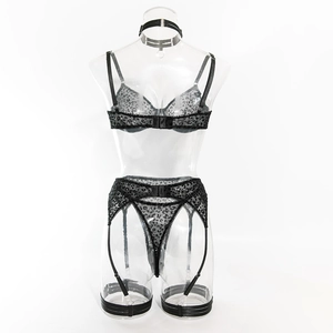 Rear view of sexy black leopard print lingerie set with adjustable straps and garter belt