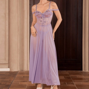 Sexy purple lace mesh sleepwear set with floral embroidery and tiered skirt