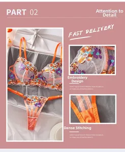 Detail of vibrant floral embroidery on mesh lingerie set with high quality stitching