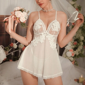 Women Sexy Lace Nightgown Set White V-Neck Backless Mesh Bridal Nightwear Top And Bottom Summer Thin Sleepwear Nightdress