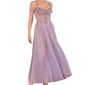 Lavender lace mesh nightgown set with floral embroidery and corset tie front