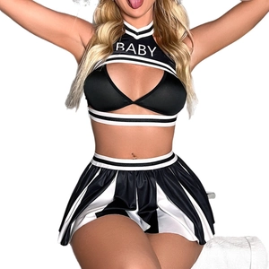 Ensemble de costume de pom-pom girl noir et blanc avec imprimé BABY et mini-jupe