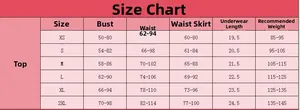 Tableau des tailles pour ensemble babydoll rose avec mesures de buste et taille
