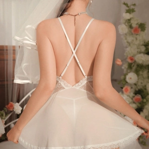 Sexy white silk lace nightdress with open back and crisscross straps for women