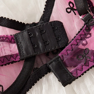 Pink mesh butterfly embroidery bra featuring black lace trim and three-row back hooks