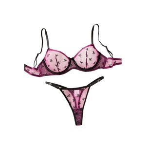 Purple mesh lingerie set with black butterfly embroidery, including bra and thong