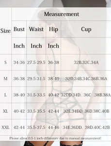 Detailed size chart for lace lingerie set showing bust, waist and hip in inches