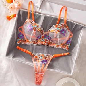 Sexy Floral Embroidered Mesh Lingerie Set For Women Underwired Contrast Lace Sheer Bra And Thong Top And Bottom Lingerie