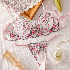 Ensemble de lingerie en tulle brodé rose avec soutien-gorge à armatures et string en dentelle