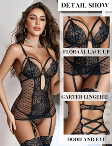 Detail view of floral lace lingerie set with suspenders and cross-back hook-and-eye closure