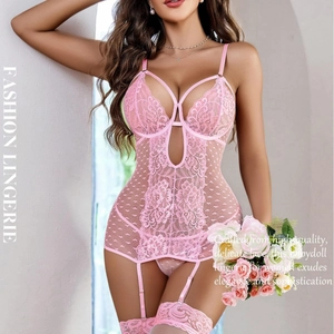 Women Sexy Lace See-Through Babydoll Lingerie Top And Bottom Backless Hollow Out Mesh Nightdress With Garter Straps
