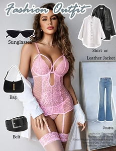 Pink lace teddy lingerie with heart mesh pattern and matching thigh high stockings detail
