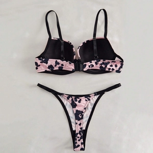 Pink leopard print sexy lingerie set with push up bra and matching thong for women