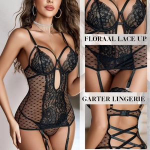 Black floral lace bodysuit with sheer mesh panels and adjustable garter straps
