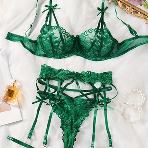 Lingerie Sexy da Donna Top And Bottom in Pizzo Floreale Trasparente Con Reggicalze e Perizoma 3 Pezzi per San Valentino