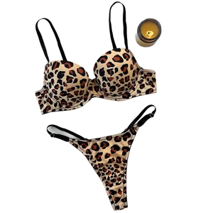 Sexy leopard print lingerie set with push-up bra and matching thong on white background