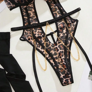 Ensemble lingerie teddy léopard sexy avec chaînes en métal et bas assortis
