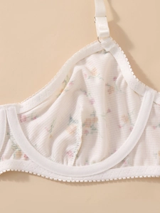 Detail of white ribbed bra set featuring a delicate pink floral print and lace trim edges