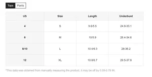 Size chart for floral mesh bra set showing length and underbust measurements in inches