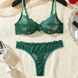 Women Sexy Green Floral Lace Bra And Thong Top And Bottom With Underwire Ultra Thin Sheer Lingerie Elegant Underwear