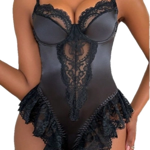 Sexy black lace bodysuit featuring satin panels, underwire cups, and ruffle details