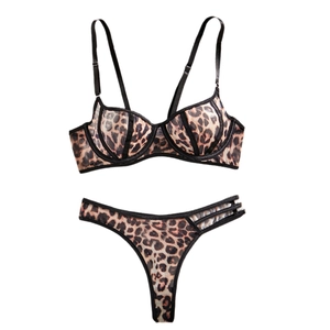 Sexy leopard print lace lingerie set with sheer mesh bra and matching thong for women
