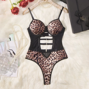 Women Leopard Print Sexy Lingerie Underwire Bodysuit Mesh Stitching Cut Out High Cut Teddy Jumpsuit Nightwear Sleepwear