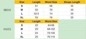 Tabella taglie dettagliata per set lingerie con misure per abito e slip inclusi