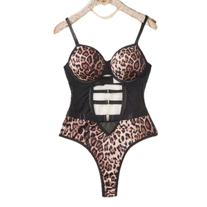 Sexy leopard print bodysuit for women with mesh panels and adjustable straps