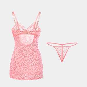 Detail of pink leopard print mesh babydoll sleepwear with back cutout design