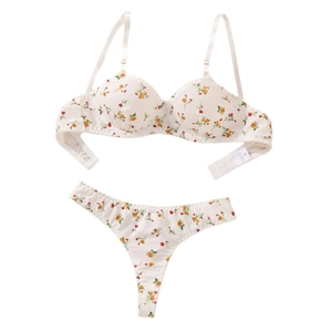 Floral print bra set with ribbed texture and dainty flower patterns on off-white fabric