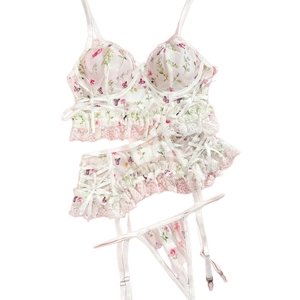 Three-piece floral mesh lingerie set with lace trim and purple butterfly patterns