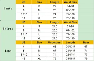 Detailed size chart for sheer lace teddy set including pants skirts and tops measurements