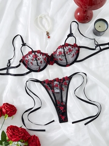 Detail of black mesh lingerie set with red rose embroidery on white satin fabric