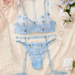 Ensemble lingerie en dentelle bleu clair avec broderie papillon et perles